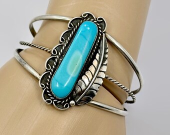 Turquoise Cuff, Sterling Silver, Native American, Navajo, Feather, Vintage Bracelet, Wide, Small Wrist, Boho, Southwestern