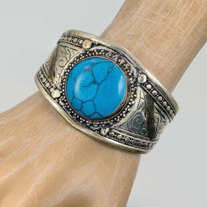 Boho Bracelet, Kuchi Cuff, Afghan Jewelry, Composite Turquoise, Vintage, Middle Eastern, Silver Cuff, Gold, Wide, Afghan, Ethnic, Tribal