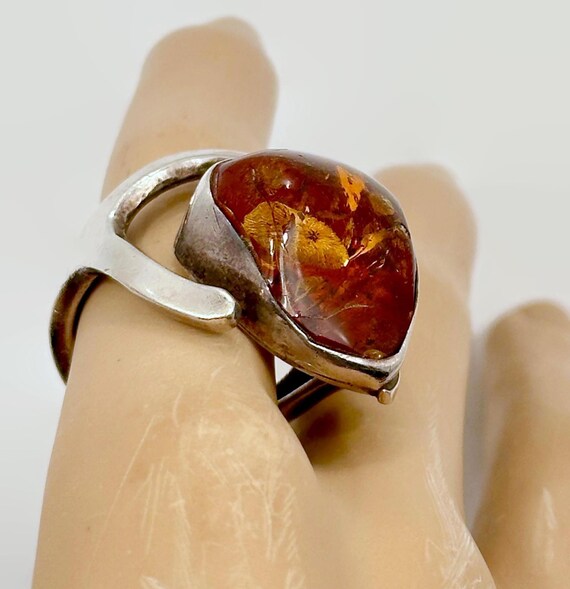 Vintage Honey Amber Sterling Silver Ring - Adjust… - image 2