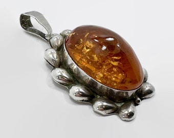 Amber Pendant, Big, Sterling Silver, Mexico, Honey, Vintage Pendant, 2 1/2" Long, 950 Silver, Huge