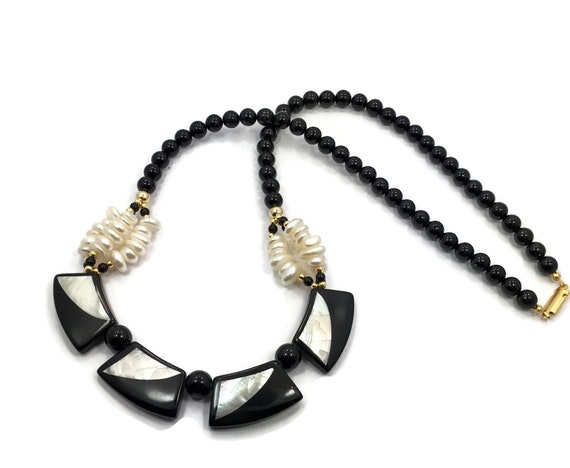 Black Lucite Necklace, White Shell, Gold Metal, V… - image 1