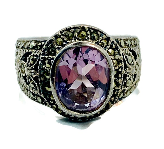 Amethyst Ring, Marcasite Ring, Purple Amethyst, S… - image 1