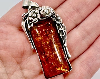 Amber Pendant, Sterling Silver, Flowers, Honey Amber, Vintage Pendant, Art Nouveau Style, 2 "Long, Large, Lily, Leaves