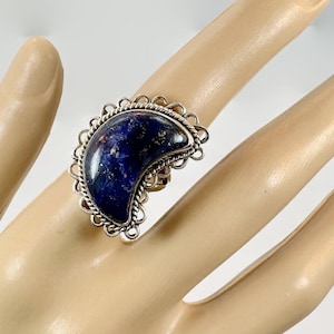 Lapis Ring, Moon Ring, Sterling Silver, Crescent Moon, Artisan, Size 6, Statement Ring, 1 1/4&quot; Long, Lapis Lazuli Ring, Blue Moon