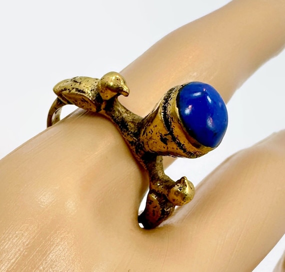 Vintage Kuchi Bird Ring, Lapis Stone, Brass, Midd… - image 2
