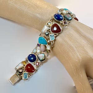 Gemstone Bracelet, Sterling Silver, Turquoise, Lapis, Carnelian, Peridot, Citrine, Garnet, Amethyst, Vintage, Mixed Stones, 8&quot; Long