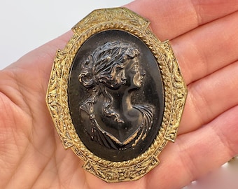 Vintage Black Cameo Brooch, Ornate Gold Tone Frame, Victorian Style