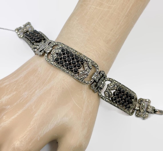 Art Deco Bracelet, Sterling Silver, Marcasite, Black Onyx