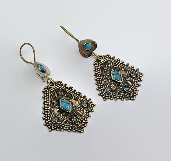 Afghan Earrings, Turquoise, Brass, Silver, Middle… - image 1