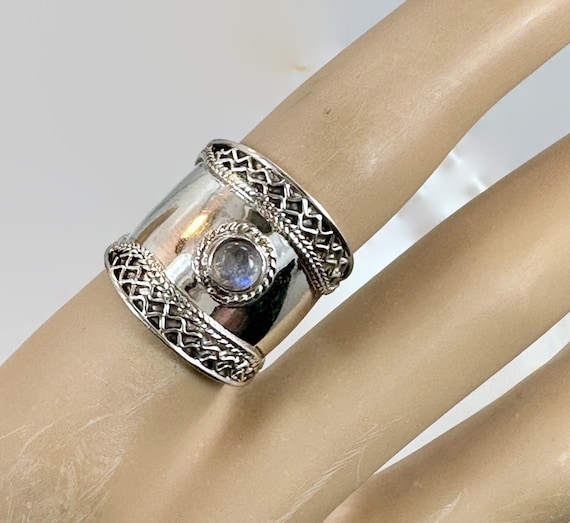 Moonstone Ring, Sterling Silver, Wide Ring, Vinta… - image 1