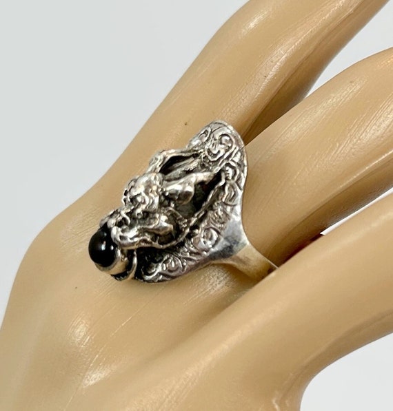 Dragon Ring, Onyx, Asian, Sterling Silver, Vintag… - image 1