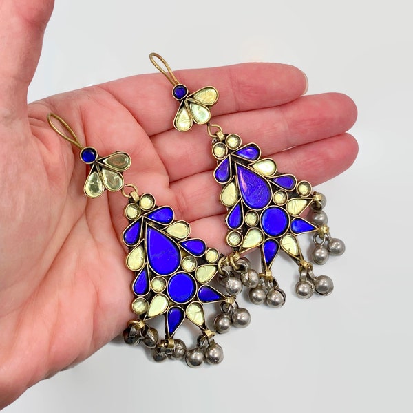 Blue Earrings, Kuchi Earrings, Middle Eastern, Vintage Earrings, Cobalt Blue, Large, Big, Jewels, Pierced, Silver, Tribal, Afghan