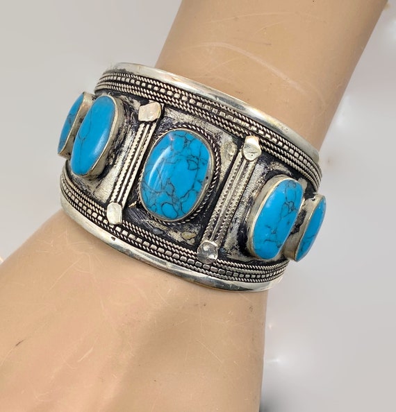 SIlver Afghan Bracelet Boho Composite Stone Wide Etched Middle Eastern Brass Ornate Turquoise Cuff Vintage Cuff