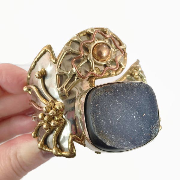 SOLD to TRACY - Layaway #1 - Druzy Bracelet, Cuff Bracelet, Brutalist, Massive, Vintage Bracelet, Mixed Metals, Copper, Brass, Silver, 1980s