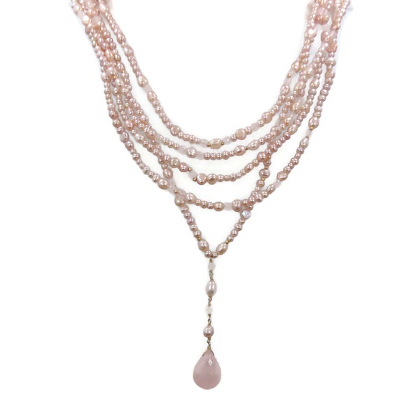 Reservados - plan #2 - exquisito collar, cuarzo de Rose, rosa 14K broche, collar, perlas, High-End, Multi Strand, facetas, elegante