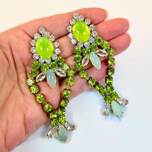 Orecchini vintage in vetro ceco con vaselina, uranio, strass, stile Art Déco, Bijoux MG