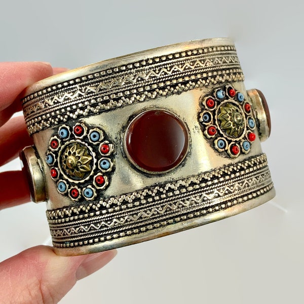 Carnelian Bracelet, Afghan Cuff, Middle Eastern, Vintage Bracelet, Silver Metal, Boho, Brass, Wide, Mixed Metal, Kuchi