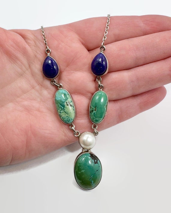 Turquoise Necklace, Sterling Silver, Lapis, Pearl,