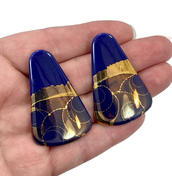 Cobalt Blue Earrings, Gold, Abstract, Porcelain, V