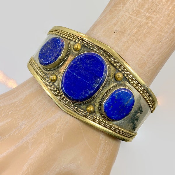 Lapis Bracelet, Middle Eastern, Kuchi Jewelry, Afghan, Silver Cuff, Brass, Vintage Bracelet, Turkmen, Mixed Metal, Nomad