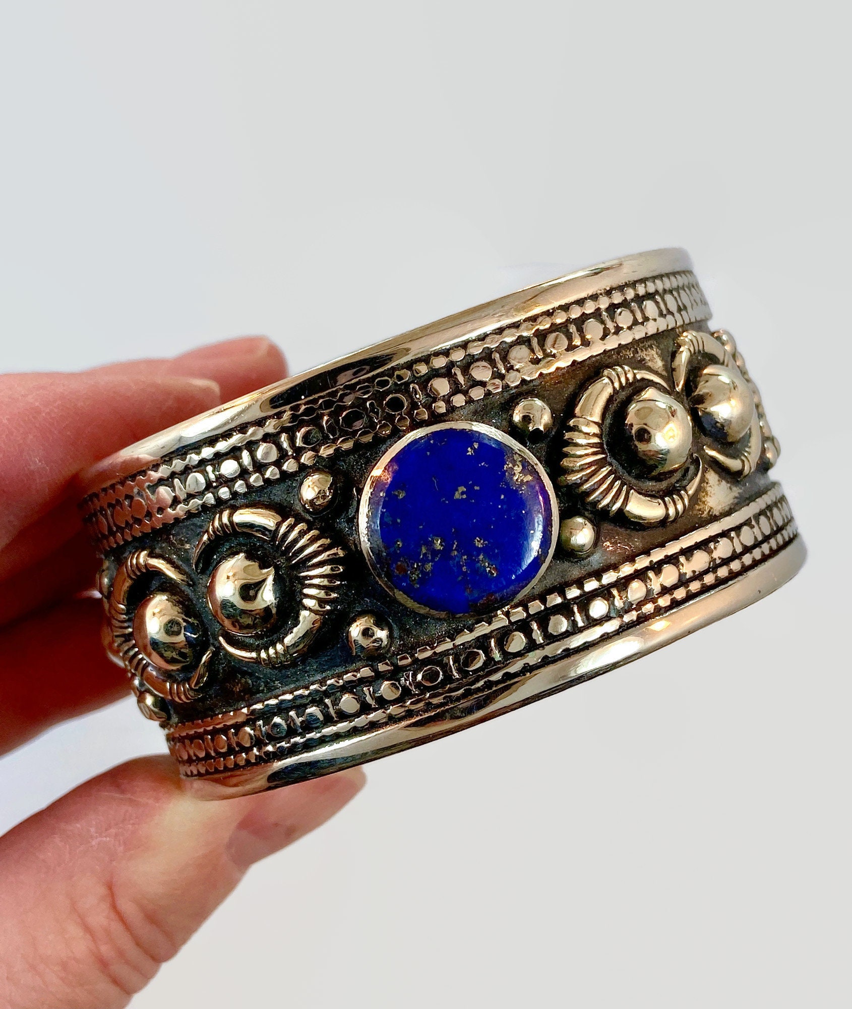 Lapis Bracelet, Afghan, Kuchi Jewelry, Silver Cuff, Brass, Mixed