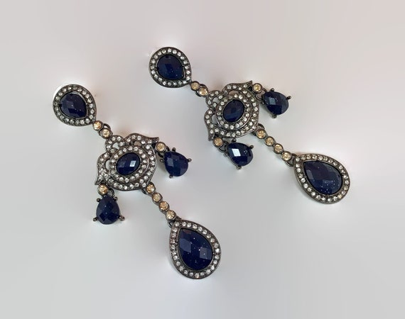 Black Earrings, Rhinestone, Navy Blue, Acrylic Je… - image 2