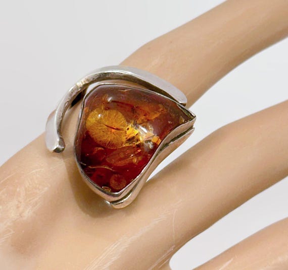 Vintage Honey Amber Sterling Silver Ring - Adjust… - image 3
