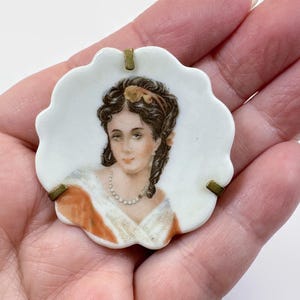 Limoges Brooch, Hand Painted, Victorian, Lady, Miniature Portrait, Plate, Signed, France, Old Clasp