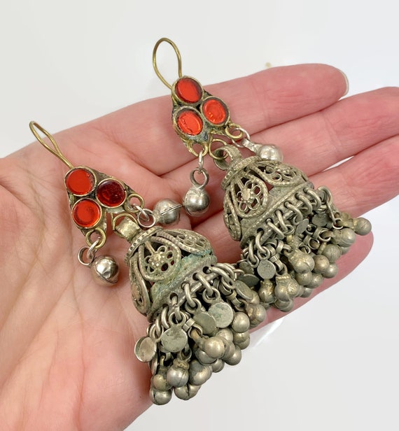 Afghan Earrings, Jhumka Earrings, Red, Vintage Ea… - image 2