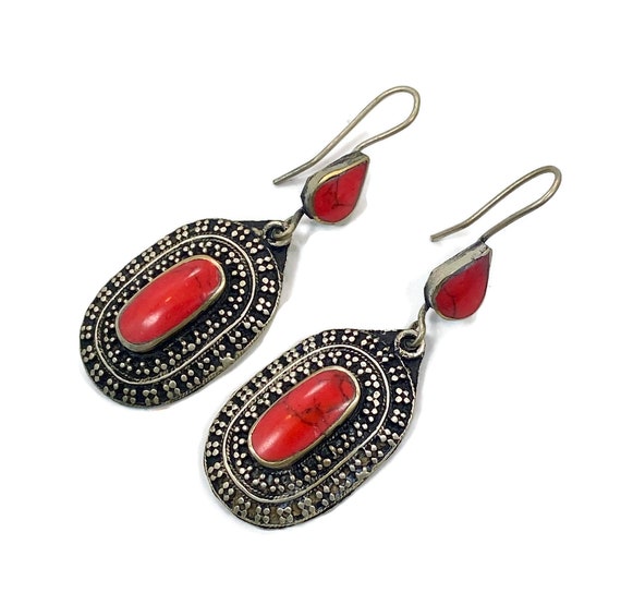 Red Jasper Earrings, Kuchi, Afghan, Middle Easter… - image 1