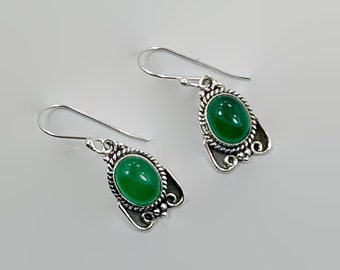 Green Onyx Earrings, Sterling Silver, Pierced, Dangle Earrings, Green Stone, Ear Wires, Boho