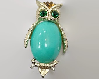 Owl Brooch, Gold Metal, Green Rhinestone, Vintage Pin, Turquoise, Aqua Belly