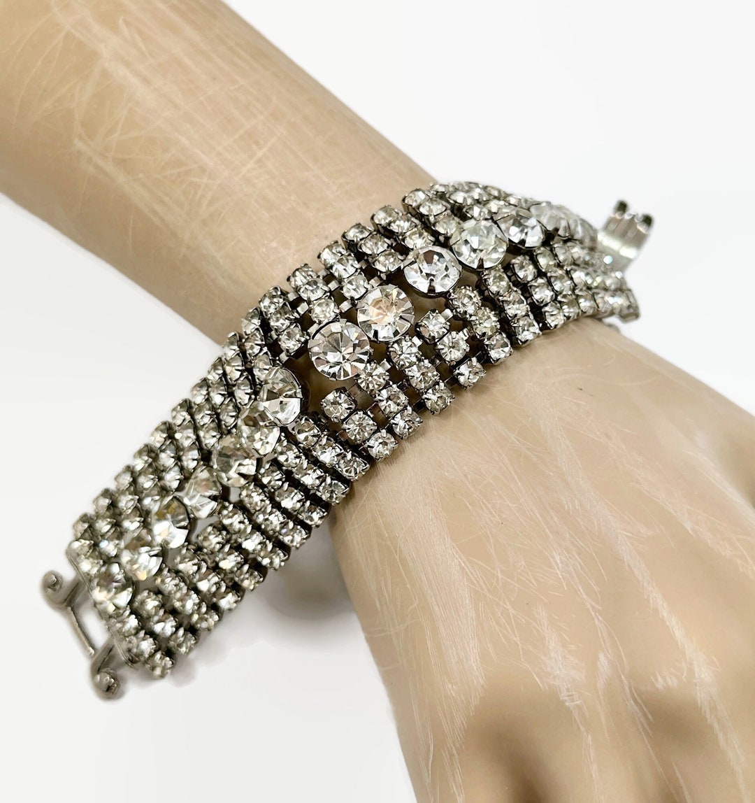 Rhinestone Bracelet, 7 Rows, Soldered, Fold Over Clasp, Wide, MCM, 1950s, 50s - Etsy Rhinestone Bracelet, 7 Rows, Soldered, Fold Over Clasp, Wide, MCM, 1950s, 50s - Etsy