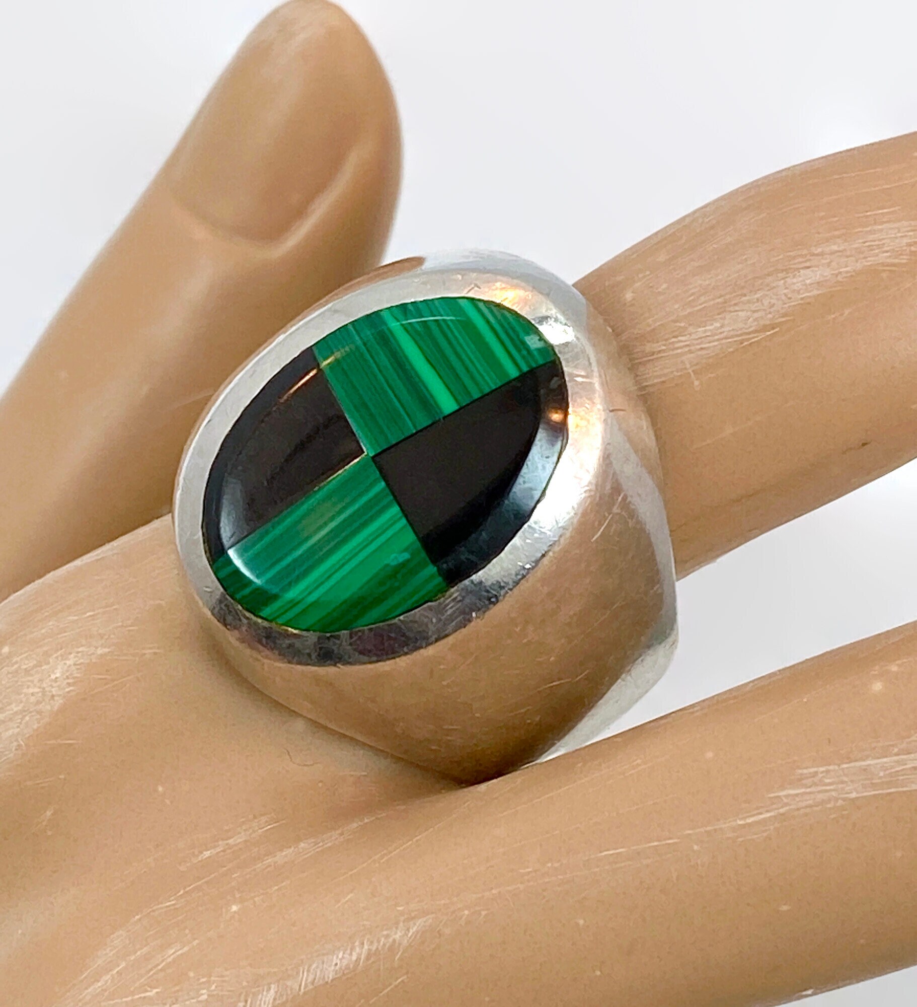 Malachite Ring Onyx Ring Sterling Silver Mens Ring Taxco - Etsy