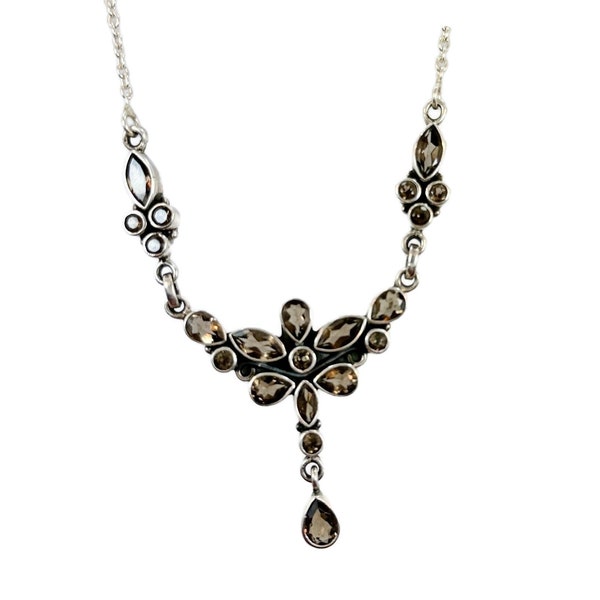 Smoky Quartz Necklace,  Sterling Silver, Multi Gemstone, Vintage Necklace, Bali, Boho, Bohemian, Ethnic