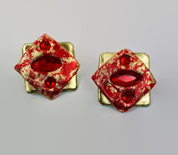 Red Earrings, Gold, Jewels, 1980s, Vintage Earrin… - image 2