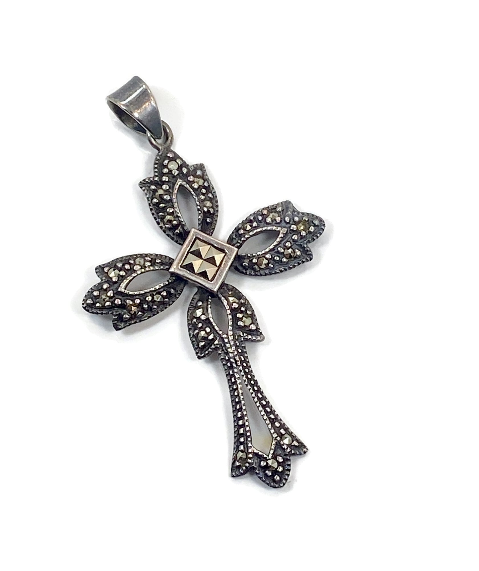Marcasite Cross Sterling Silver Vintage Pendant Black Stone 2 Long Art Deco Style Glittering Etsy