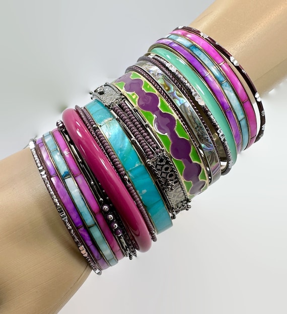 Boho Bangle Bracelet Stack: Vintage India Enamel … - image 1