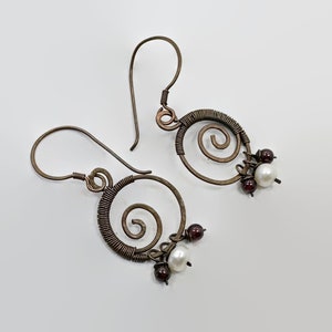 Copper Earrings, Boho, Wire Wrapped, Pierced Dangle, Handcrafted, Lightweight, Faux Pearl