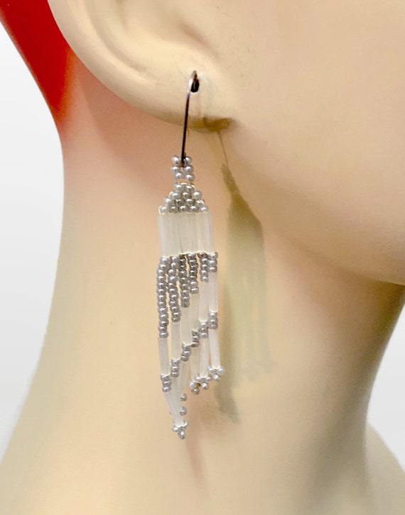 Beaded Earrings, Fringed Earrings, Seed Beads, Vi… - image 1