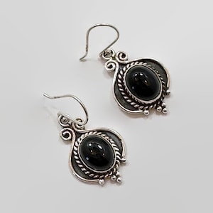 Black Onyx Earrings, Sterling Silver, Pierced, Dangle Earrings, Black Stone, Ear Wires, Boho