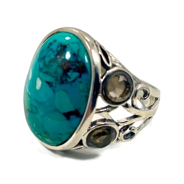 Turquoise Ring, Sterling Silver, Smoky Quartz, Barse, Designer, Vintage Ring, Thailand, Big Stone, Size 10