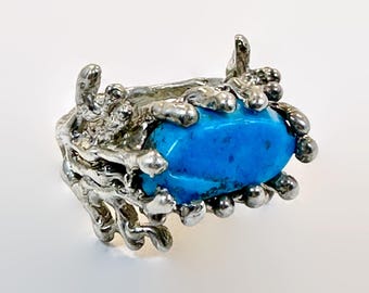 Vintage Sterling Silver Turquoise Ring: Brutalist Wax Cast Statement Piece