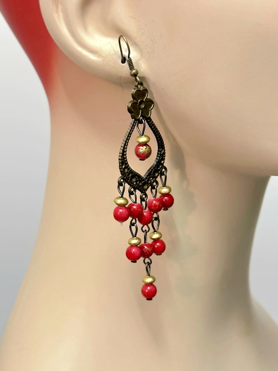 Boho Earrings, Red Glass Beads, Shamrock, Brass, … - image 2