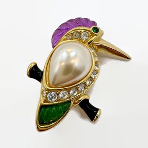 Bird Brooch, KJL, Rhinestones, Enamel, Gold, Faux Pearl, Kenneth Jay Lane, Vintage