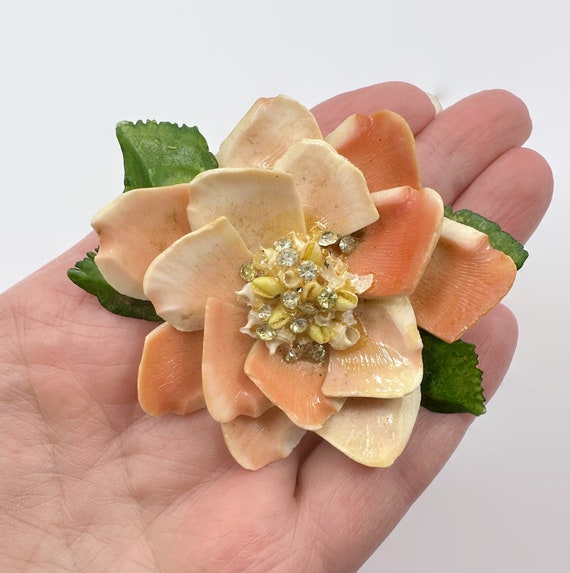 Seashell Brooch, Flower, Shell, Rhinestone, Peach,
