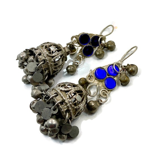 Bell Earrings, Afghan, Blue Jewels, Vintage Earrin