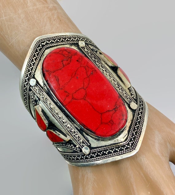 Red Bracelet, Jasper, Silver, Afghan Cuff, Vintag… - image 1