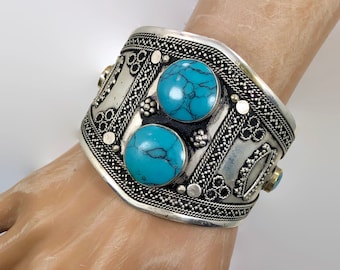Kuchi Bracelet, Middle Eastern, Vintage Bracelet, Turquoise, Silver Wide Cuff, Stone, Afghan Jewelry