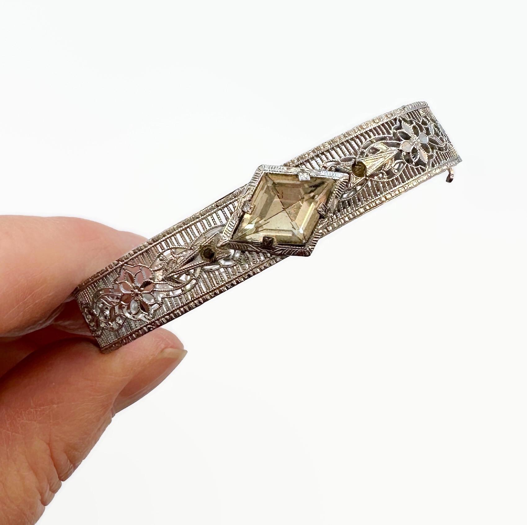Art Deco Bracelet, Filigree, Rhodium Plated, Hinged, Signed Art Deco Bracelet, Filigree, Rhodium Plated, Hinged, Signed